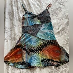 Forever21 Y2K Mesh Patchwork Mini Slip Dress Small Retro Skater Boho Fairycore